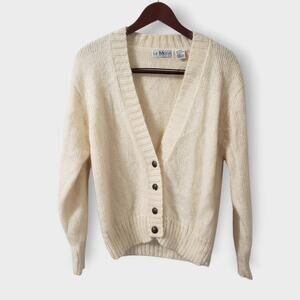 Vtg Le Moda Wool‎ Mohair Cardigan Sweater Cream Sz Medium Preppy Grandma Holiday